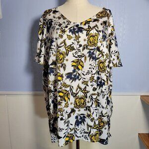 Liz Claiborne 1X Yellow Blue Floral V Neck Shortsleeve Lightweight Summer Blouse